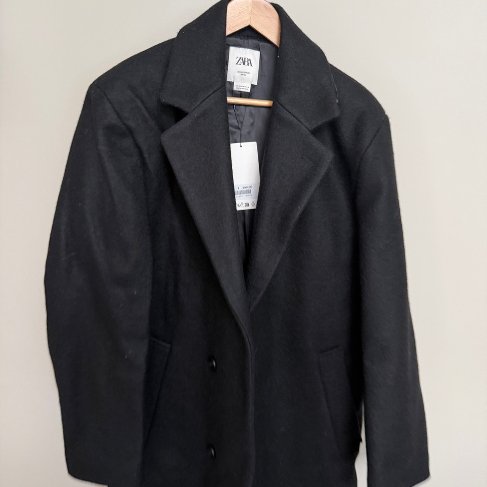 Zara Men's Black wool trench Coat new with tags size M - Picture 3 of 7